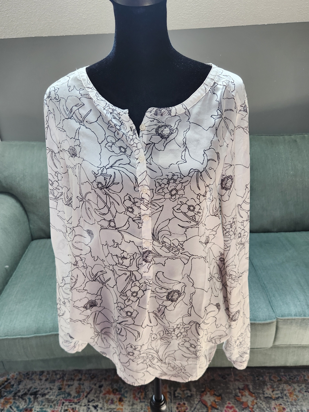 LOFT White Blouse with Black Floral Line Print Sheer & Lovely! Medium